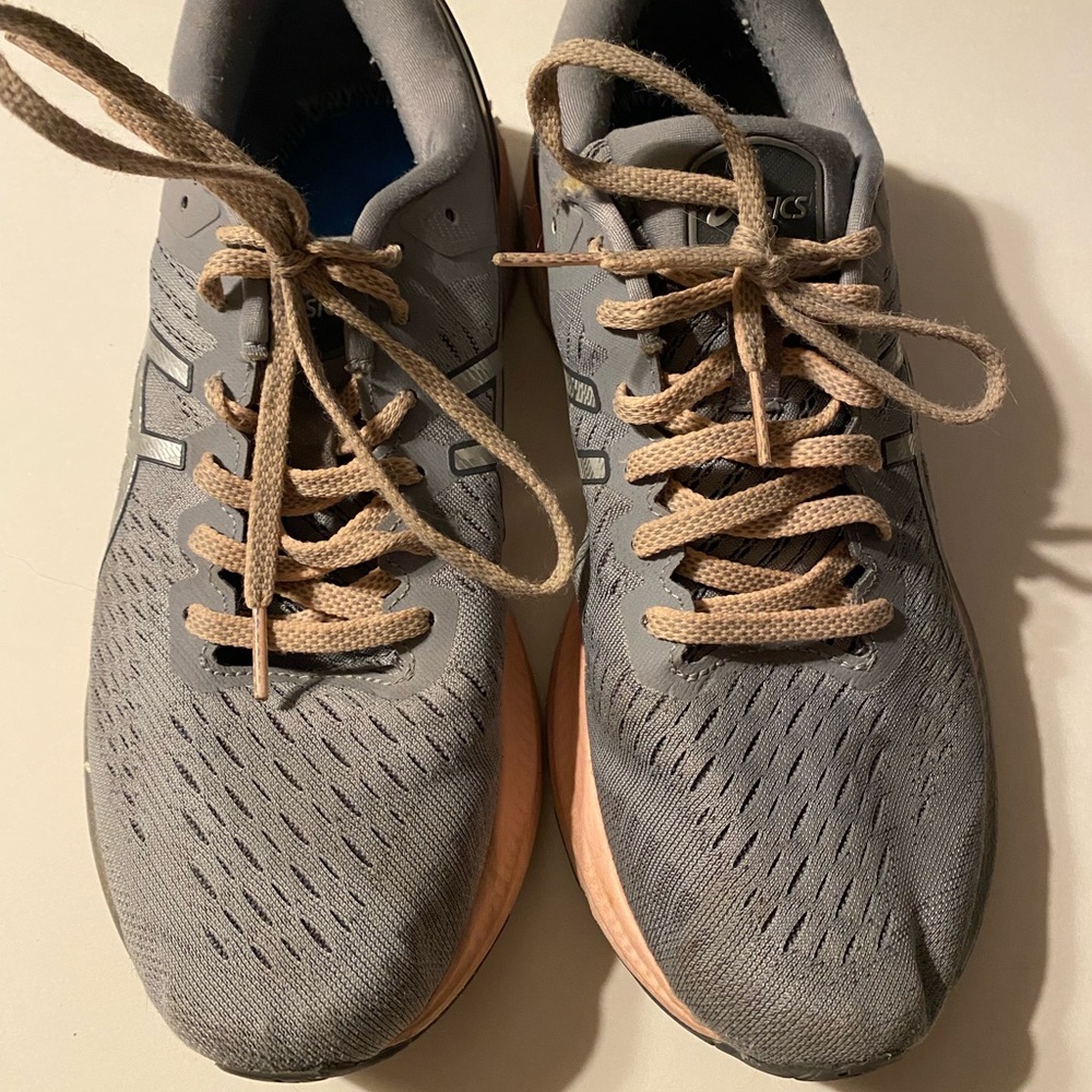 ASICS Gray and pink gel Kayano 27 shoes